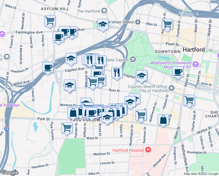 map of restaurants, bars, coffee shops, grocery stores, and more near 63 Hungerford Street in Hartford