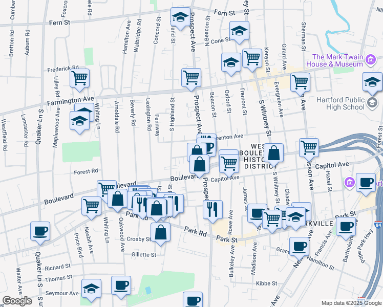 map of restaurants, bars, coffee shops, grocery stores, and more near 24 Fairview Street in West Hartford