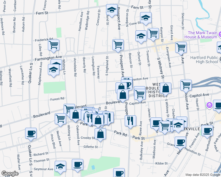 map of restaurants, bars, coffee shops, grocery stores, and more near 24 Fairview Street in West Hartford