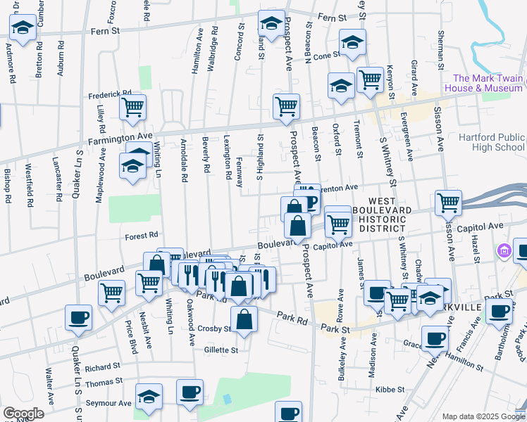 map of restaurants, bars, coffee shops, grocery stores, and more near 115 South Highland Street in West Hartford