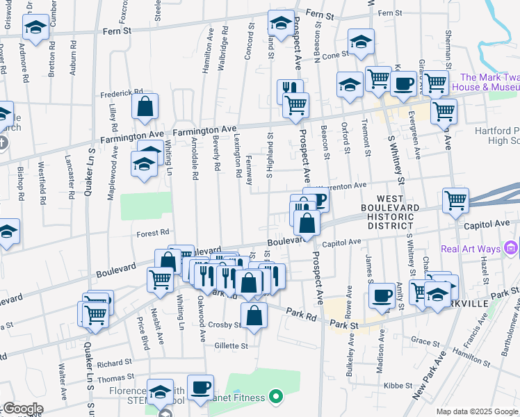 map of restaurants, bars, coffee shops, grocery stores, and more near 115 South Highland Street in West Hartford