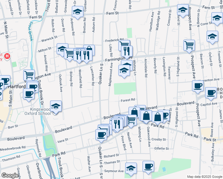 map of restaurants, bars, coffee shops, grocery stores, and more near 94 Maplewood Avenue in West Hartford