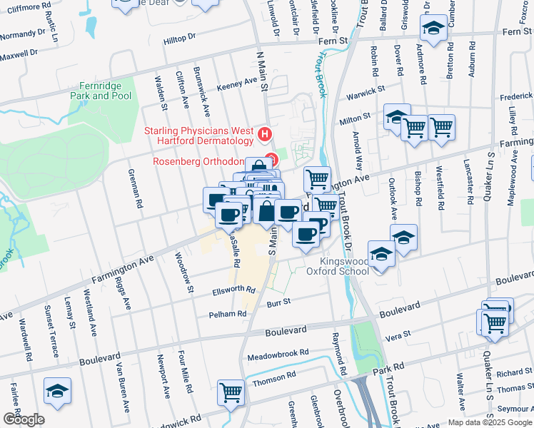 map of restaurants, bars, coffee shops, grocery stores, and more near in West Hartford