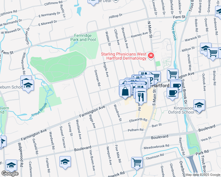 map of restaurants, bars, coffee shops, grocery stores, and more near 145 Brace Road in West Hartford