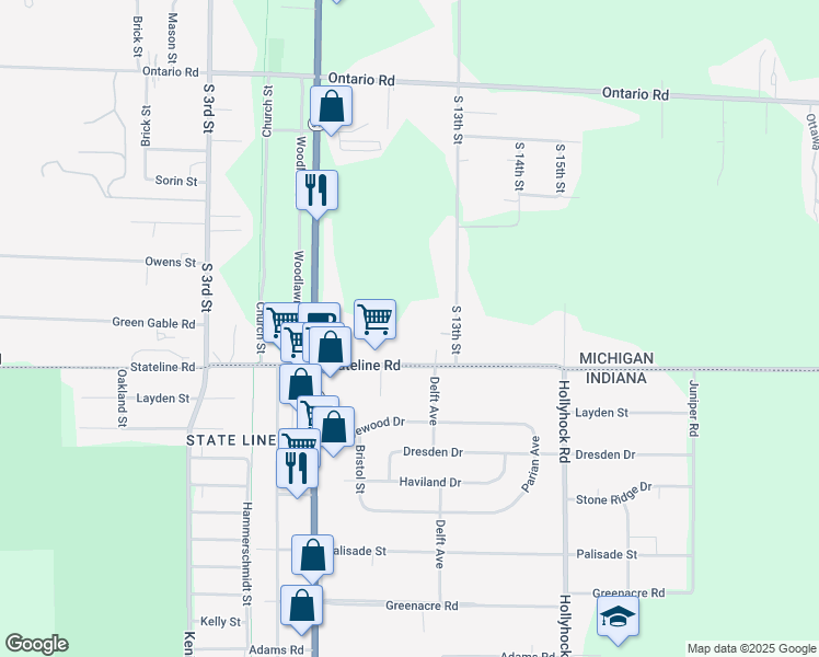 map of restaurants, bars, coffee shops, grocery stores, and more near 1211 Stateline Road in Niles