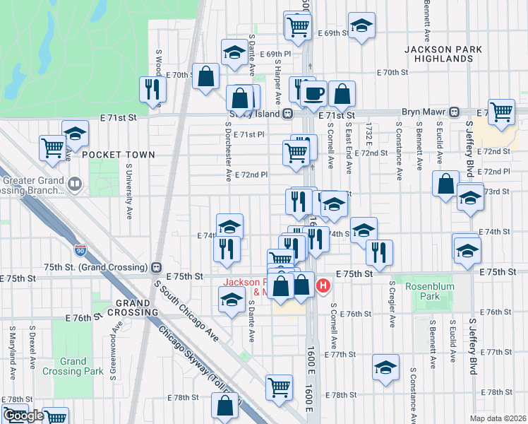 map of restaurants, bars, coffee shops, grocery stores, and more near 7329 South Dante Avenue in Chicago