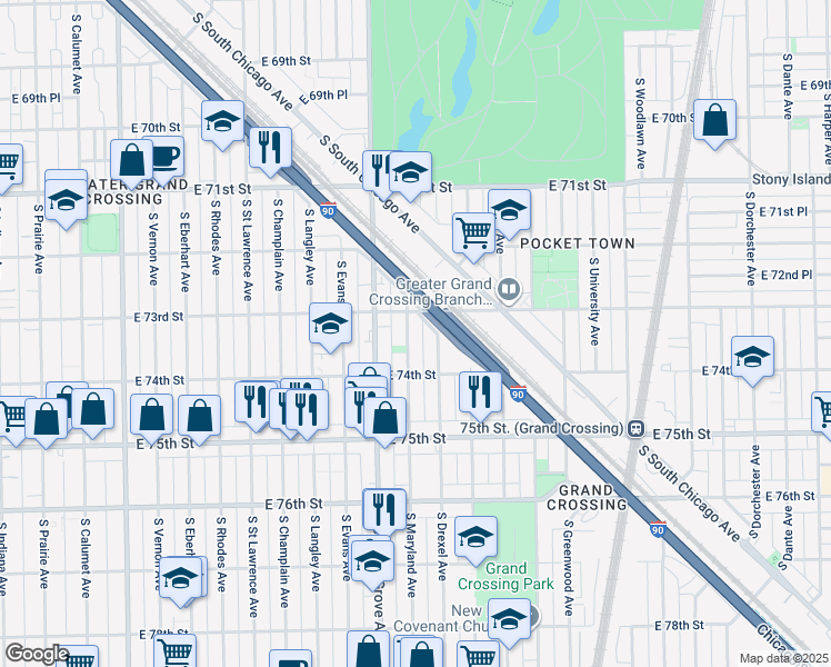 map of restaurants, bars, coffee shops, grocery stores, and more near 7322 South Maryland Avenue in Chicago