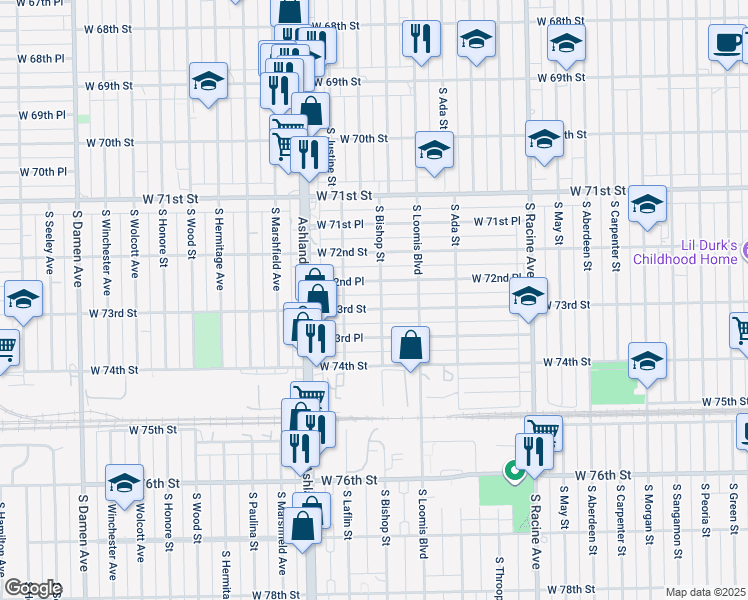 map of restaurants, bars, coffee shops, grocery stores, and more near 1468 West 73rd Street in Chicago