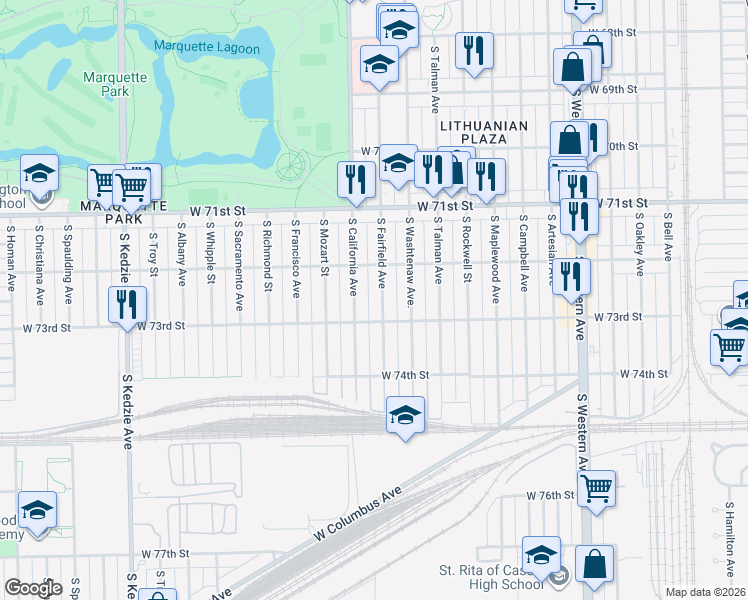 map of restaurants, bars, coffee shops, grocery stores, and more near 7241 South Fairfield Avenue in Chicago