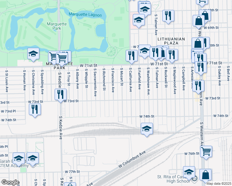 map of restaurants, bars, coffee shops, grocery stores, and more near 7238 South Mozart Street in Chicago