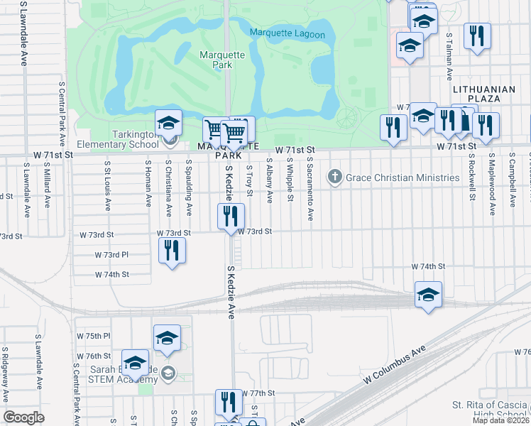map of restaurants, bars, coffee shops, grocery stores, and more near 7236 South Albany Avenue in Chicago