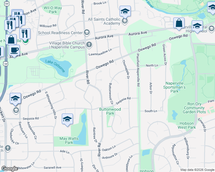 map of restaurants, bars, coffee shops, grocery stores, and more near 717 Buttonwood Circle in Naperville