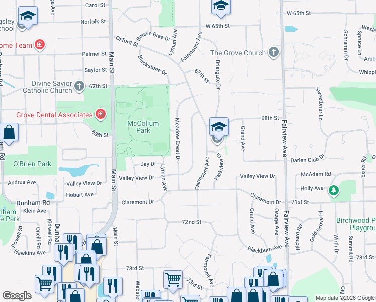 map of restaurants, bars, coffee shops, grocery stores, and more near 6842 Valley View Drive in Downers Grove