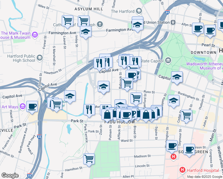 map of restaurants, bars, coffee shops, grocery stores, and more near 195 Putnam Street in Hartford