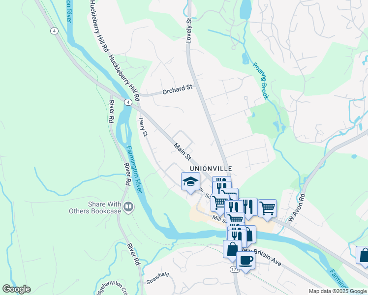 map of restaurants, bars, coffee shops, grocery stores, and more near 154 Main Street in Farmington
