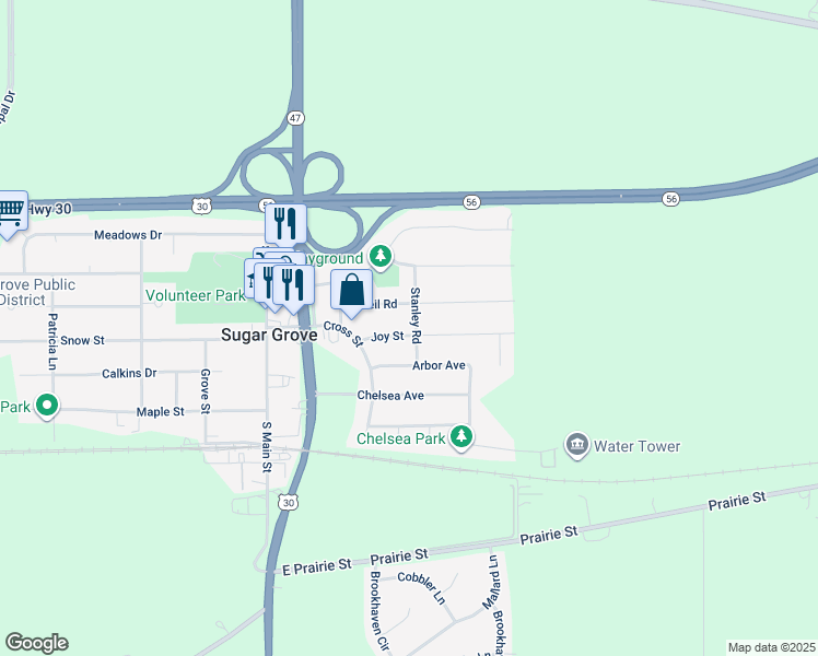 map of restaurants, bars, coffee shops, grocery stores, and more near 109 Stanley Road in Sugar Grove