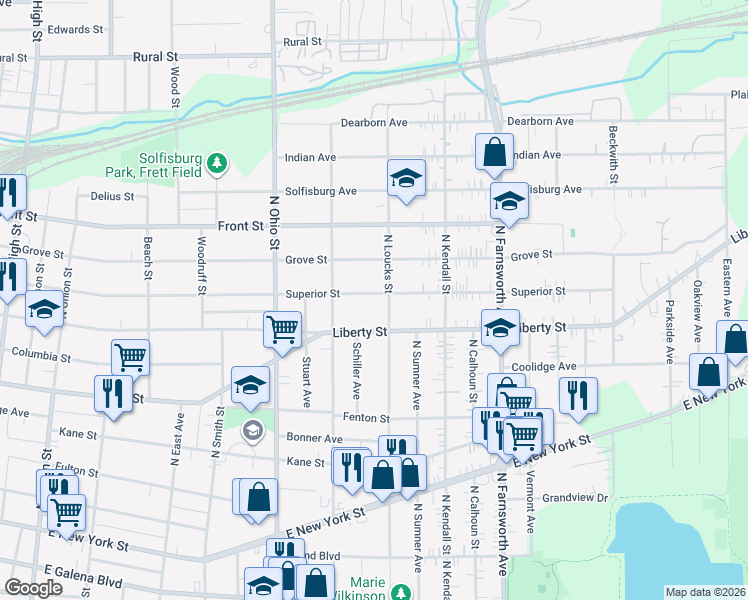 map of restaurants, bars, coffee shops, grocery stores, and more near 1137 Superior Street in Aurora