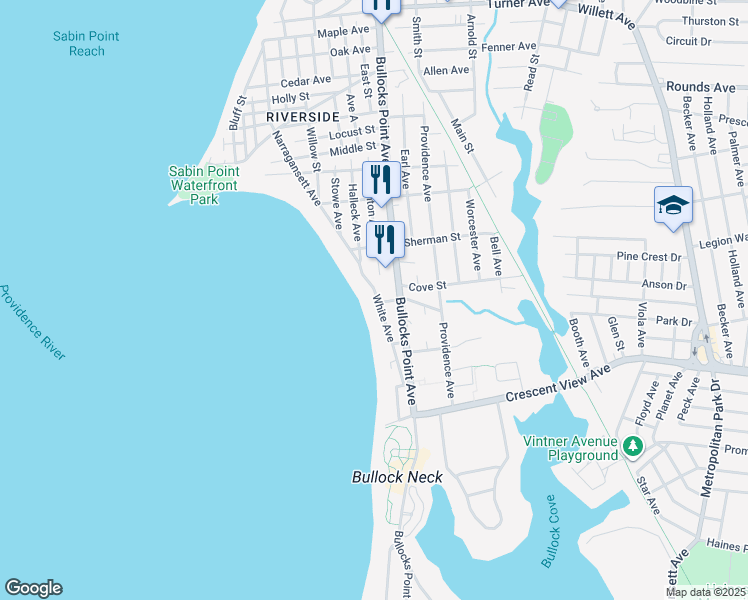 map of restaurants, bars, coffee shops, grocery stores, and more near 15 White Avenue in East Providence
