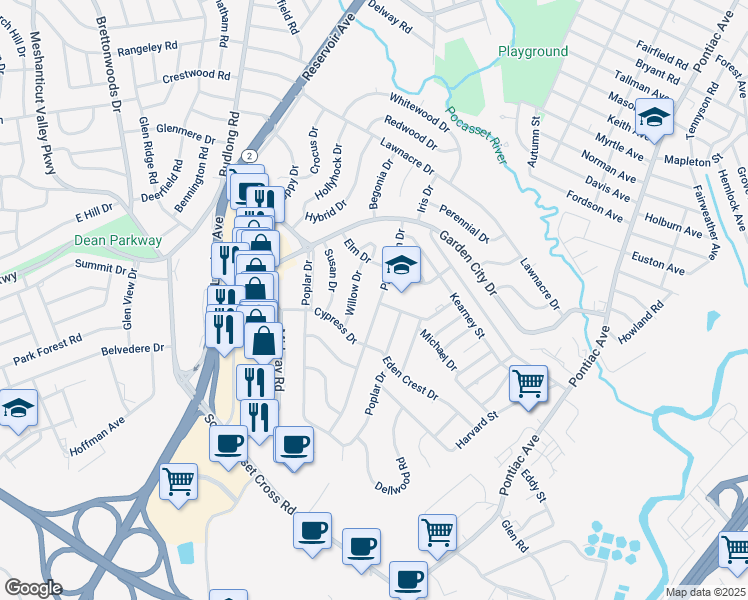 map of restaurants, bars, coffee shops, grocery stores, and more near 73 Plantation Drive in Cranston