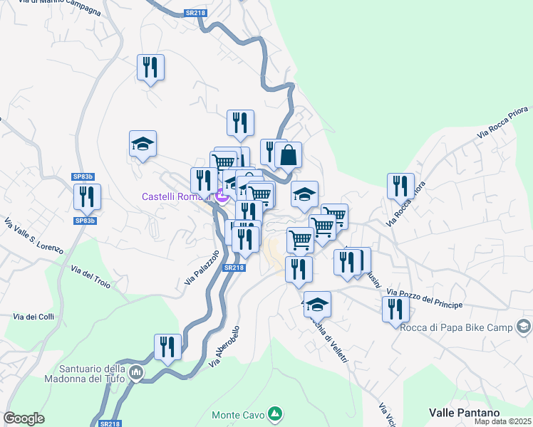 map of restaurants, bars, coffee shops, grocery stores, and more near 15 Via Campi D'Annibale in Rocca di Papa