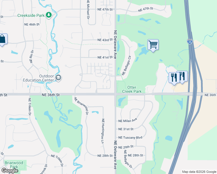 map of restaurants, bars, coffee shops, grocery stores, and more near 3702 Northeast Cottonwood Lane in Ankeny