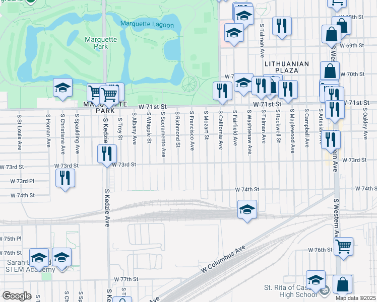 map of restaurants, bars, coffee shops, grocery stores, and more near 7234 South Francisco Avenue in Chicago