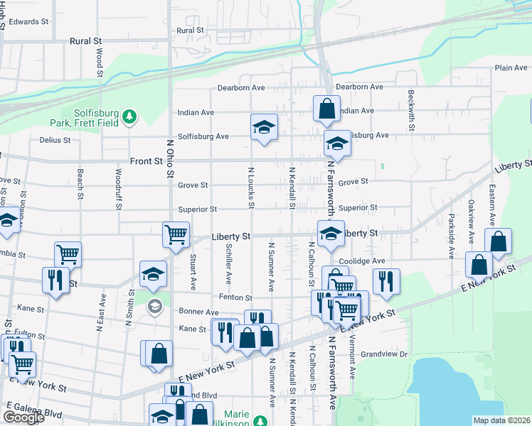 map of restaurants, bars, coffee shops, grocery stores, and more near 1215 Superior Street in Aurora