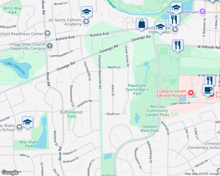 map of restaurants, bars, coffee shops, grocery stores, and more near 7S430 Arbor Drive in Naperville