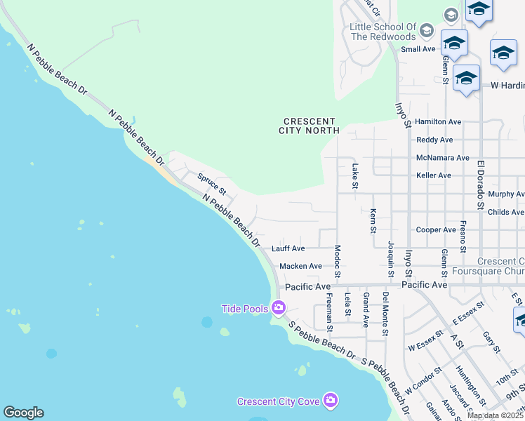 map of restaurants, bars, coffee shops, grocery stores, and more near 129 Whaleview Court in Crescent City
