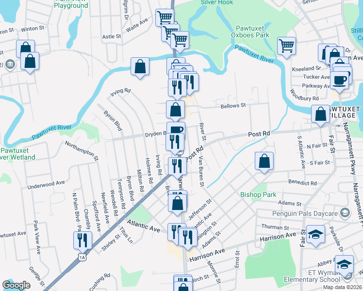 map of restaurants, bars, coffee shops, grocery stores, and more near 528 Warwick Avenue in Warwick