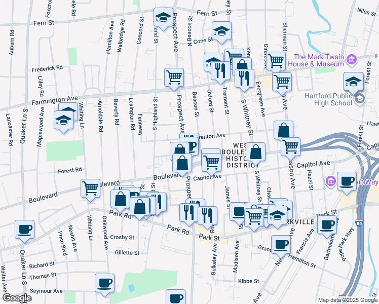map of restaurants, bars, coffee shops, grocery stores, and more near 488 Prospect Avenue in West Hartford