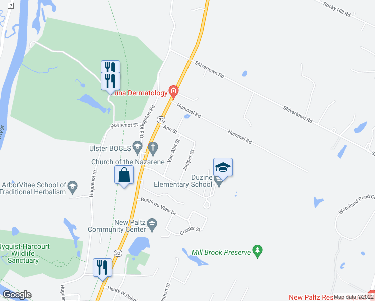 map of restaurants, bars, coffee shops, grocery stores, and more near 11 Juniper Street in New Paltz