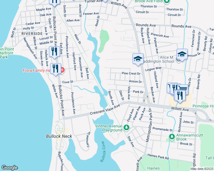 map of restaurants, bars, coffee shops, grocery stores, and more near 148 Oak Crest Dr in East Providence