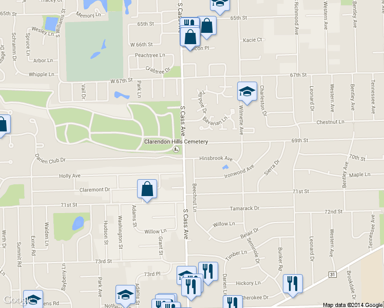 map of restaurants, bars, coffee shops, grocery stores, and more near 1126 Hinsbrook Ave in Darien