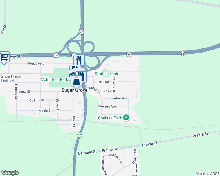 map of restaurants, bars, coffee shops, grocery stores, and more near 92 Joy Street in Sugar Grove