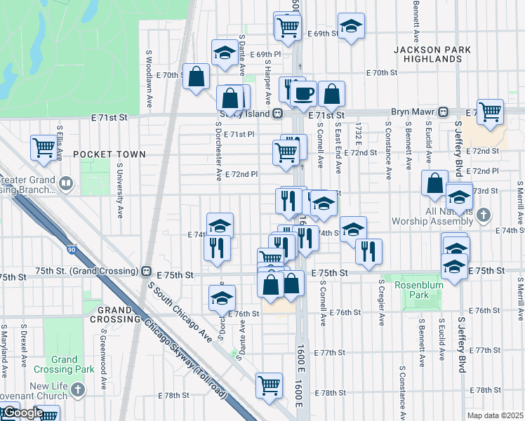 map of restaurants, bars, coffee shops, grocery stores, and more near 1509 East 73rd Street in Chicago