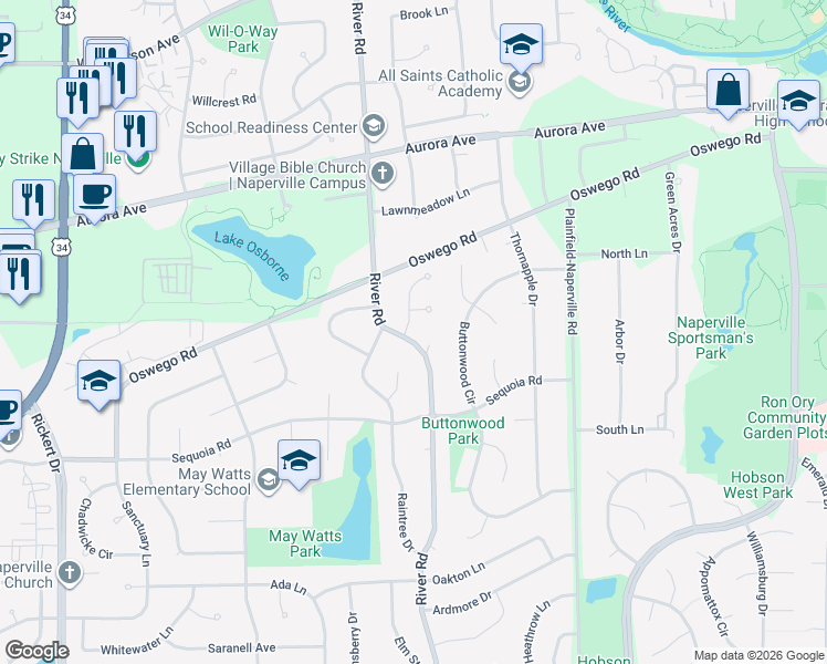 map of restaurants, bars, coffee shops, grocery stores, and more near 716 Honeysuckle Drive in Naperville