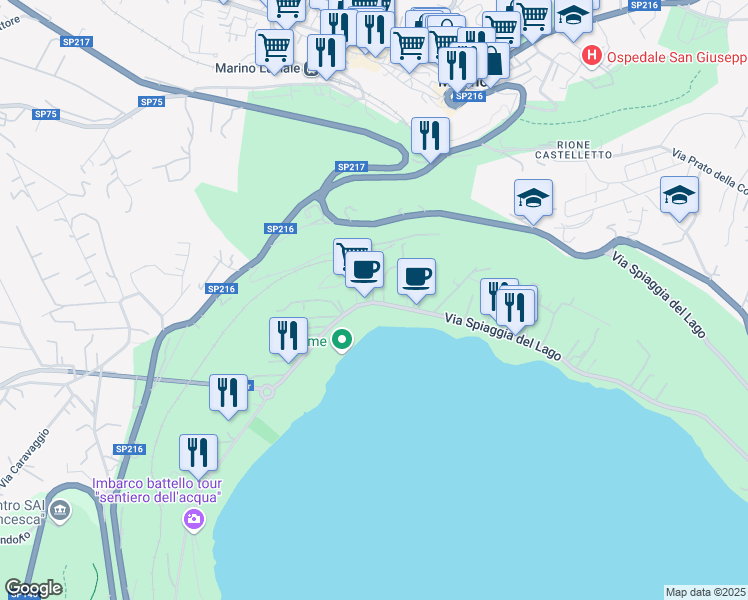 map of restaurants, bars, coffee shops, grocery stores, and more near 15 Via Spiaggia del Lago in Castel Gandolfo