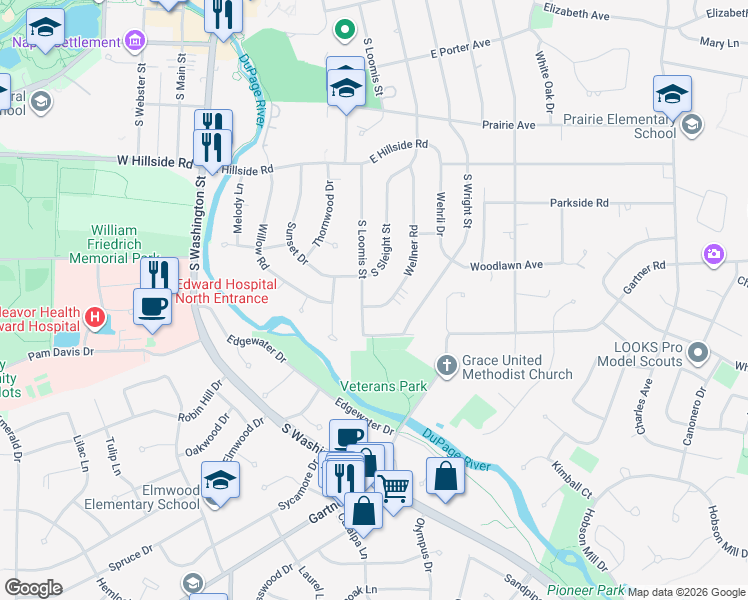 map of restaurants, bars, coffee shops, grocery stores, and more near 845 Wellner Road in Naperville
