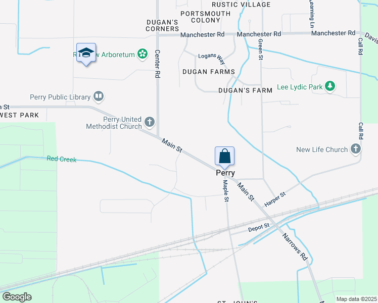map of restaurants, bars, coffee shops, grocery stores, and more near 3983 Main Street in Perry