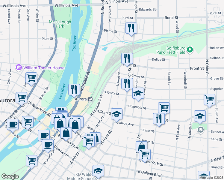 map of restaurants, bars, coffee shops, grocery stores, and more near 326 Liberty Street in Aurora