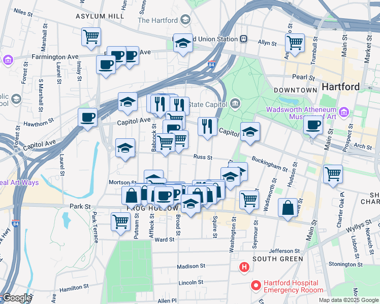 map of restaurants, bars, coffee shops, grocery stores, and more near 63 Hungerford Street in Hartford
