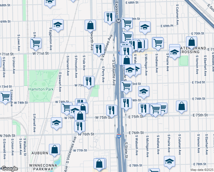 map of restaurants, bars, coffee shops, grocery stores, and more near 107 West 73rd Street in Chicago