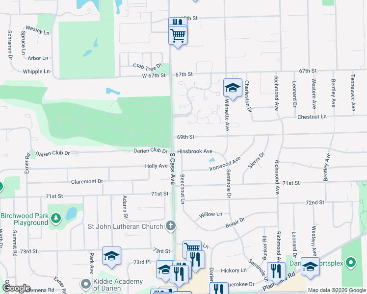 map of restaurants, bars, coffee shops, grocery stores, and more near 1126 Hinsbrook Avenue in Darien