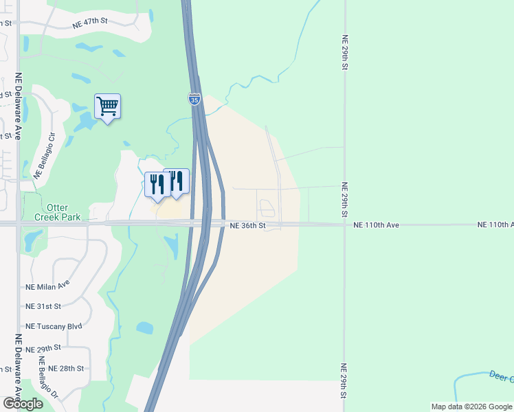 map of restaurants, bars, coffee shops, grocery stores, and more near 2130 Northeast 36th Street in Ankeny