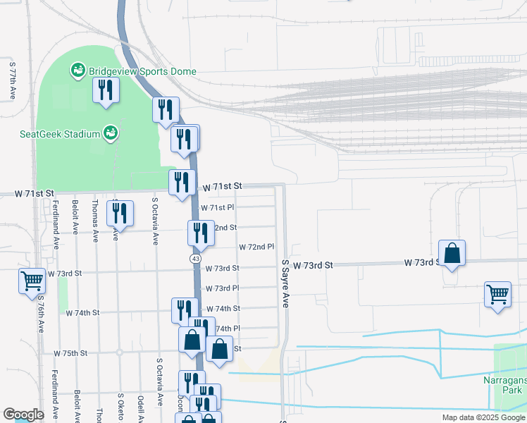 map of restaurants, bars, coffee shops, grocery stores, and more near 7013 West 71st Place in Chicago