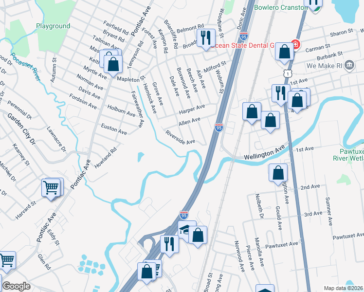 map of restaurants, bars, coffee shops, grocery stores, and more near 166 Riverside Avenue in Cranston