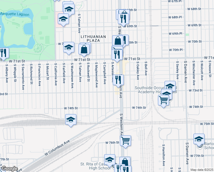 map of restaurants, bars, coffee shops, grocery stores, and more near 7239 South Campbell Avenue in Chicago