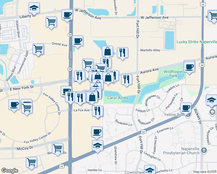 map of restaurants, bars, coffee shops, grocery stores, and more near 2768 Aurora Avenue in Naperville
