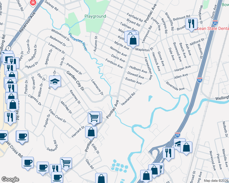map of restaurants, bars, coffee shops, grocery stores, and more near 410 Garden City Drive in Cranston